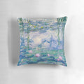 A decorative throw pillow featuring a beautiful water lily painting in the style of impressionist artist Claude Monet.