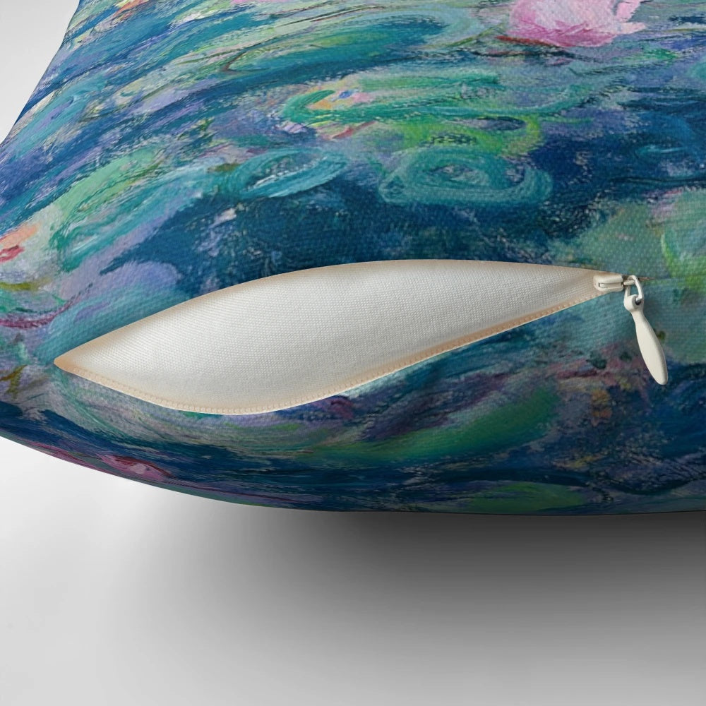 A decorative throw pillow featuring a beautiful water lily painting in the style of impressionist artist Claude Monet.