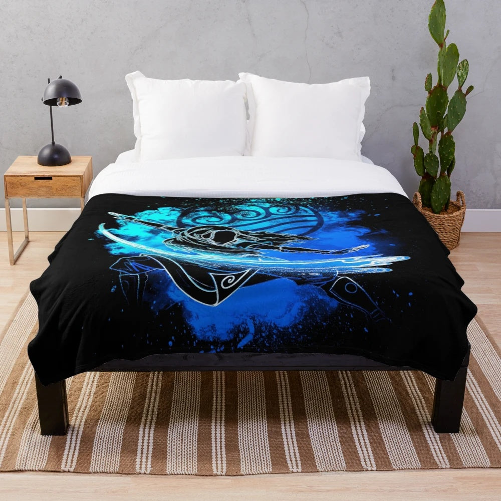 Vibrant and colorful plush blanket featuring the silhouette of the Waterbender Sister from Avatar: The Last Airbender