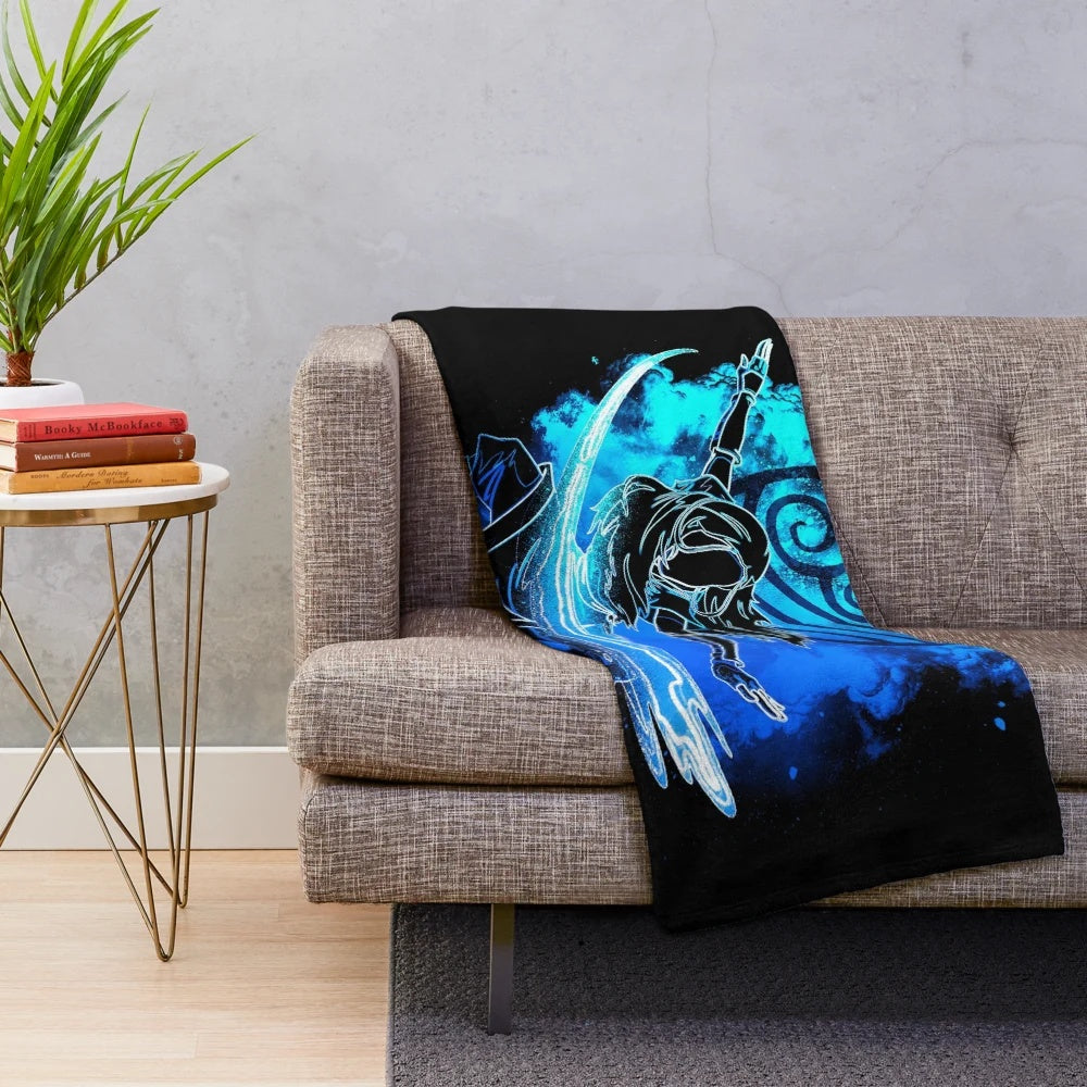 Vibrant and colorful plush blanket featuring the silhouette of the Waterbender Sister from Avatar: The Last Airbender