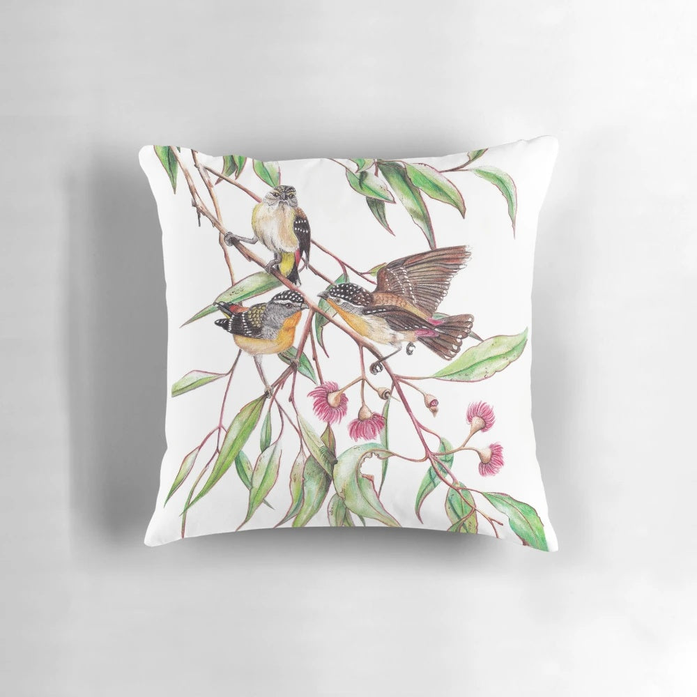 Watercolor painting of spotted pardalotes perched on a pink flowering gum tree