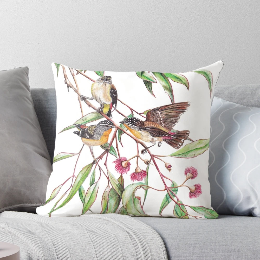Watercolor painting of spotted pardalotes perched on a pink flowering gum tree