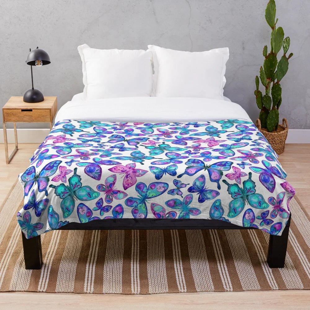 Watercolor butterfly patterned plush blanket