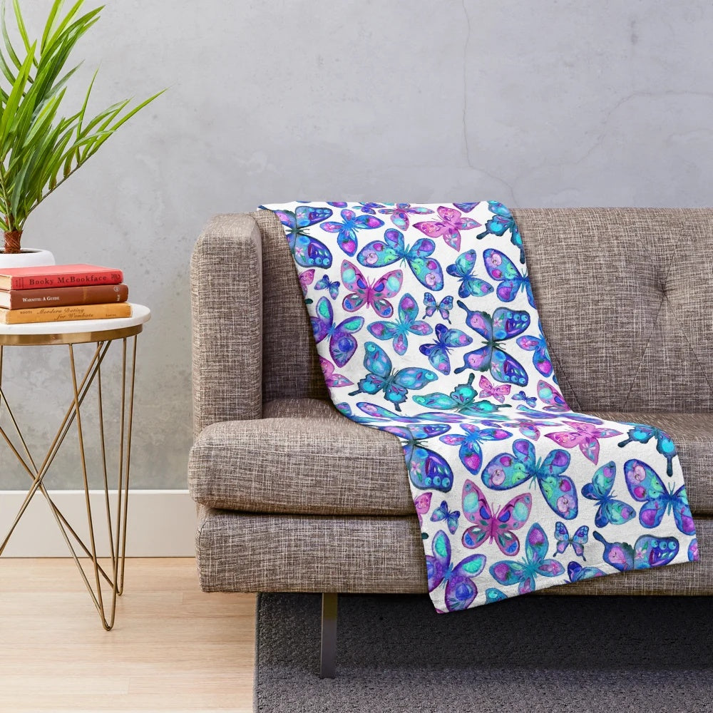 Watercolor butterfly patterned plush blanket