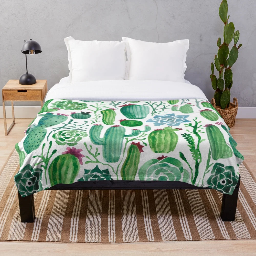 Watercolor cactus pattern plush blanket