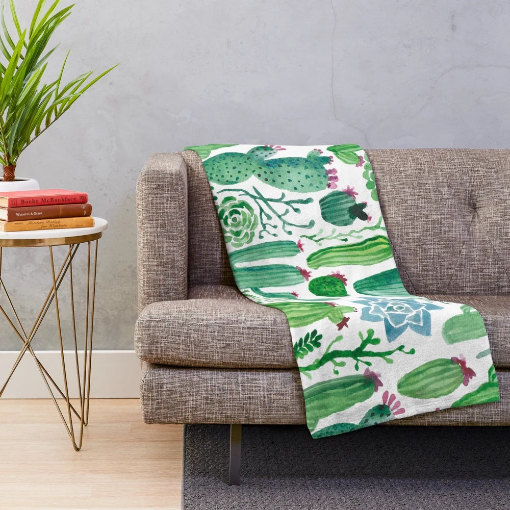 Watercolor cactus pattern plush blanket