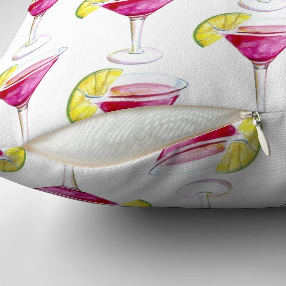 Colorful watercolor painting of a cosmopolitan cocktail on a decorative throw pillow