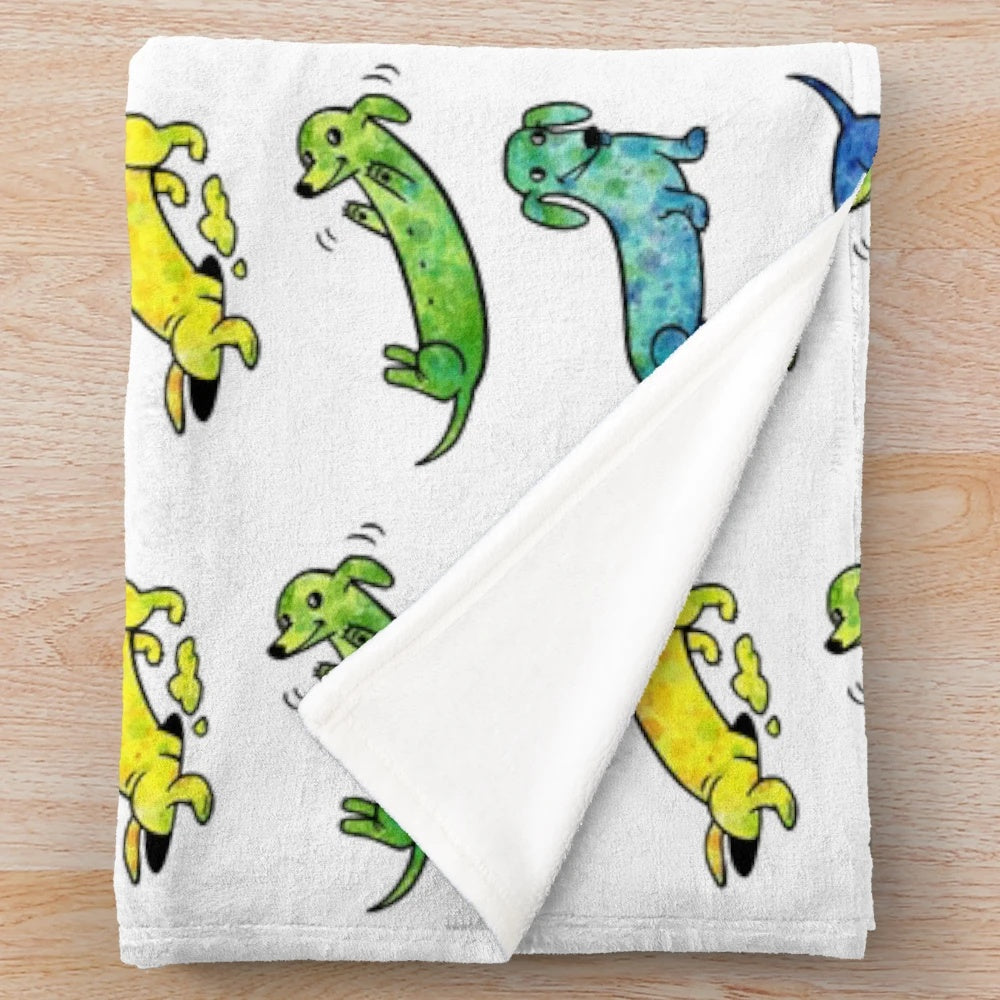 Watercolor illustration of dachshund dogs on a plush, soft blanket