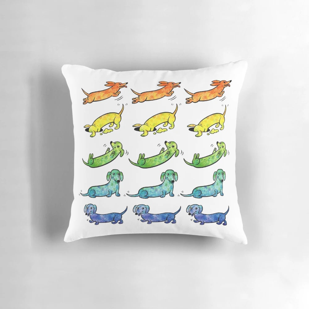 Vibrant watercolor painting of a dachshund on a decorative throw pillow.