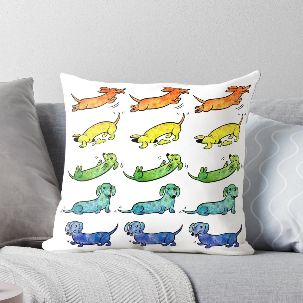 Vibrant watercolor painting of a dachshund on a decorative throw pillow.