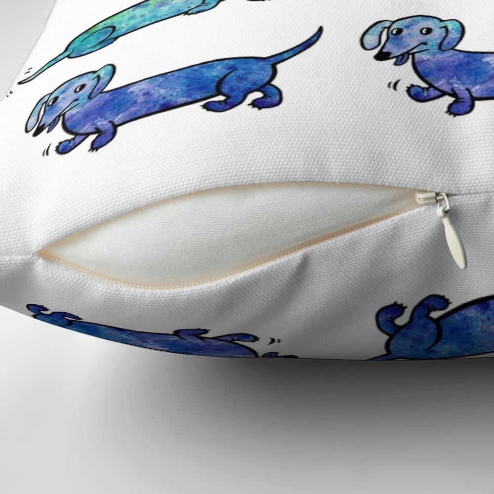 Vibrant watercolor painting of a dachshund on a decorative throw pillow.