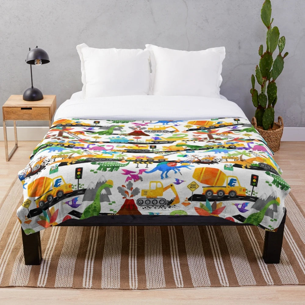 Watercolor dinosaur construction crew themed plush blanket