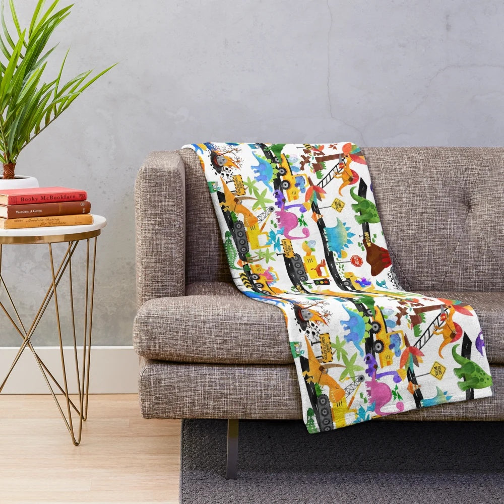 Watercolor dinosaur construction crew themed plush blanket