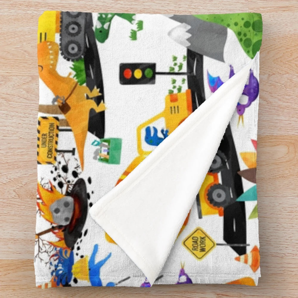 Watercolor dinosaur construction crew themed plush blanket