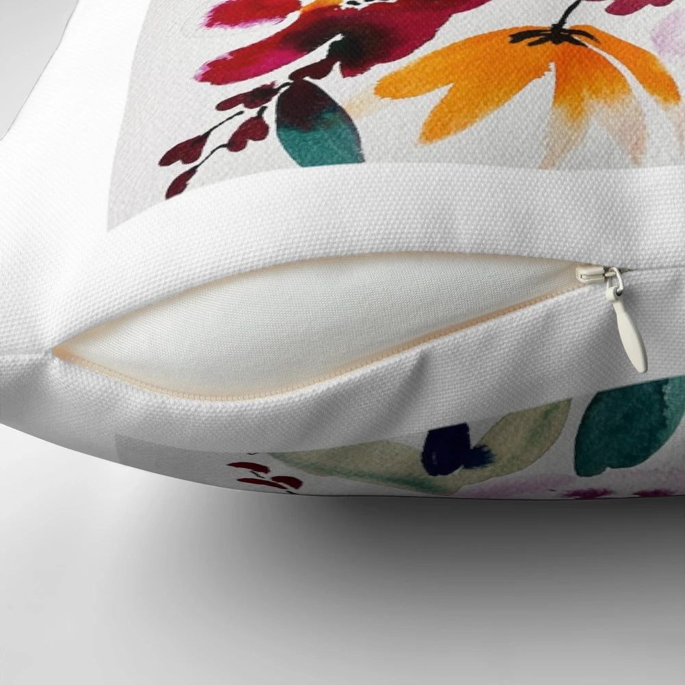 Bright and bold watercolor floral pattern on a lush, decorative pillow.