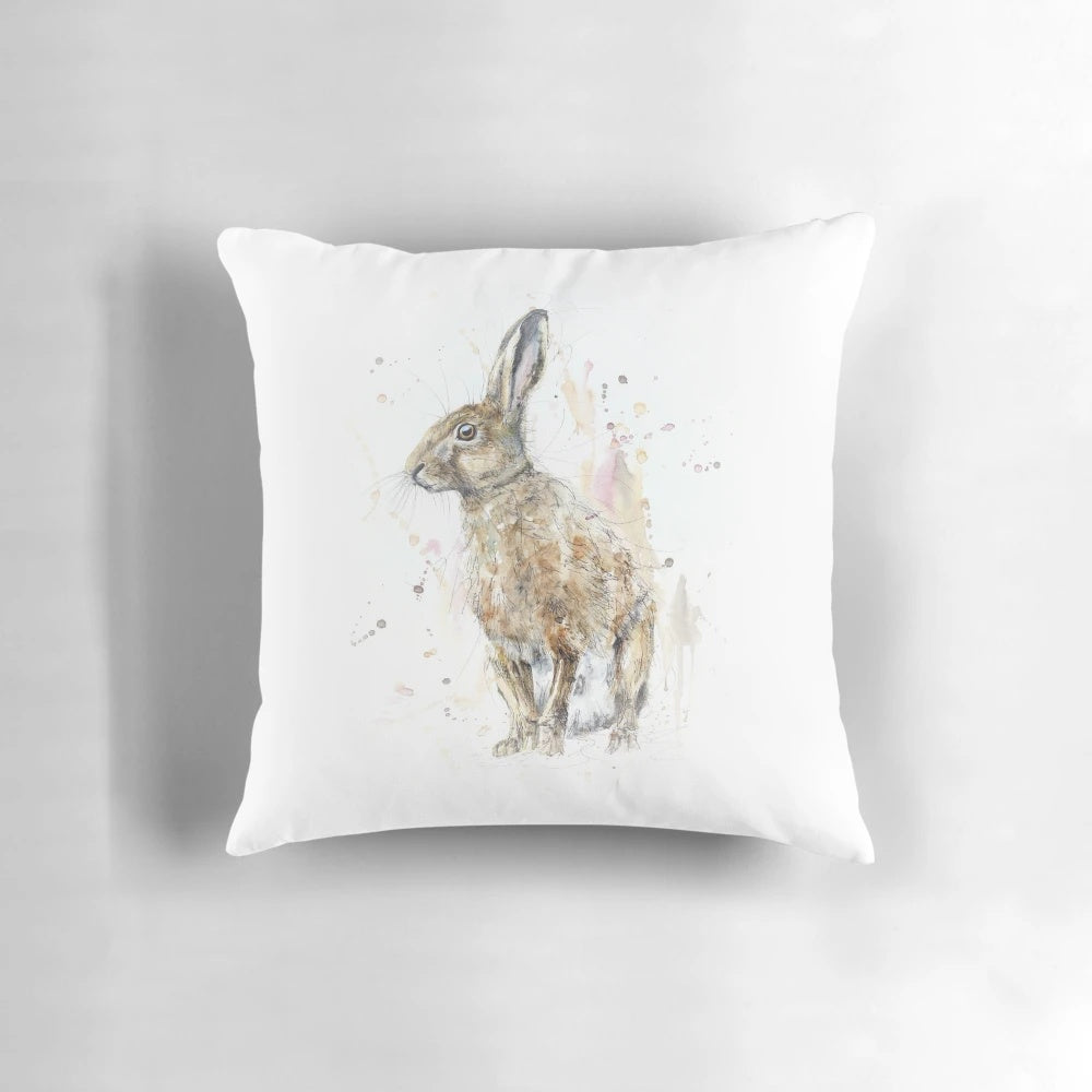 Colorful watercolor painting of a hare on a decorative throw pillow