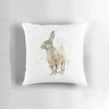 Colorful watercolor painting of a hare on a decorative throw pillow