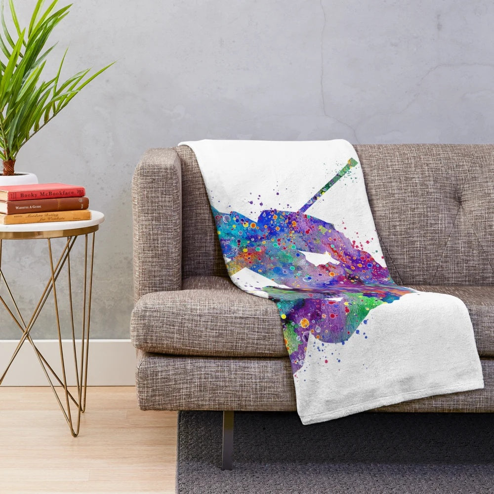 Colorful watercolor illustration of an ice hockey goalie on a plush blanket