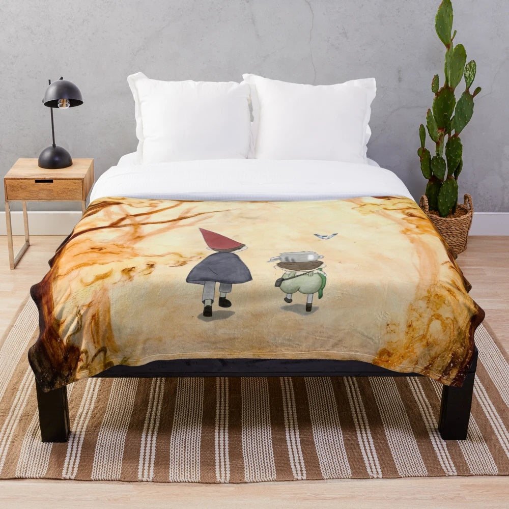 Vibrant watercolor-inspired plush blanket featuring the characters Wirt, Greg, and Beatrice from the animated series Over the Garden Wall
