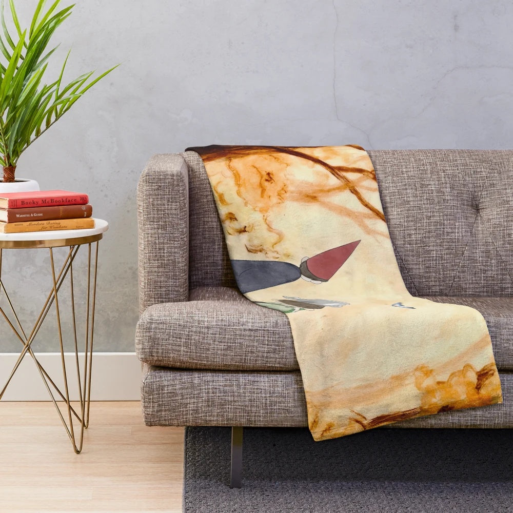 Vibrant watercolor-inspired plush blanket featuring the characters Wirt, Greg, and Beatrice from the animated series Over the Garden Wall