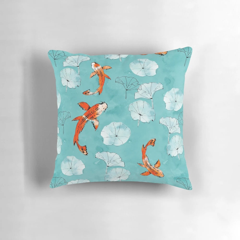 Colorful watercolor painting of koi fish in a turquoise pond with leaves, nature-inspired home decor pillow