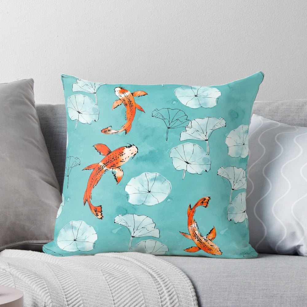 Colorful watercolor painting of koi fish in a turquoise pond with leaves, nature-inspired home decor pillow
