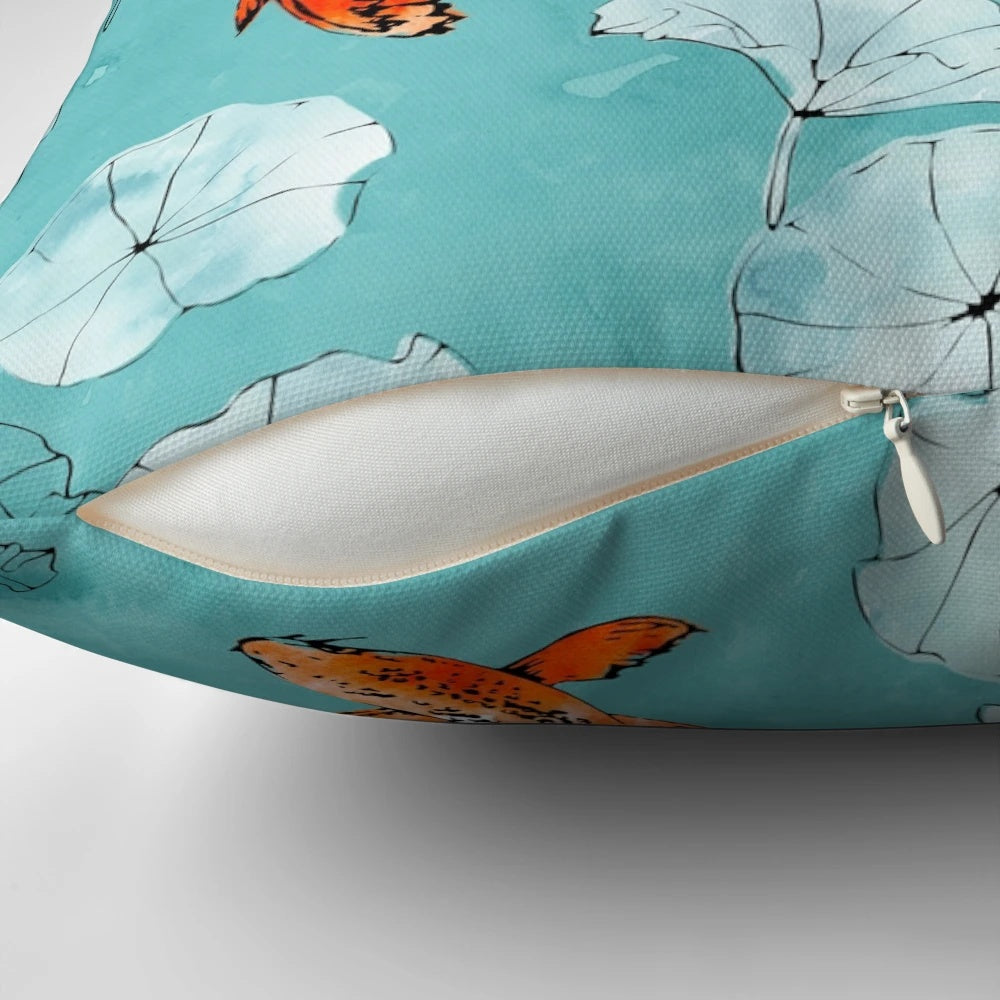 Colorful watercolor painting of koi fish in a turquoise pond with leaves, nature-inspired home decor pillow