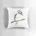 Vibrant watercolor illustration of a kookaburra, a native Australian bird, on a decorative throw pillow.