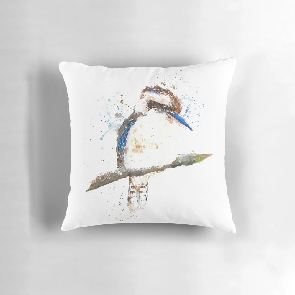 Vibrant watercolor illustration of a kookaburra, a native Australian bird, on a decorative throw pillow.