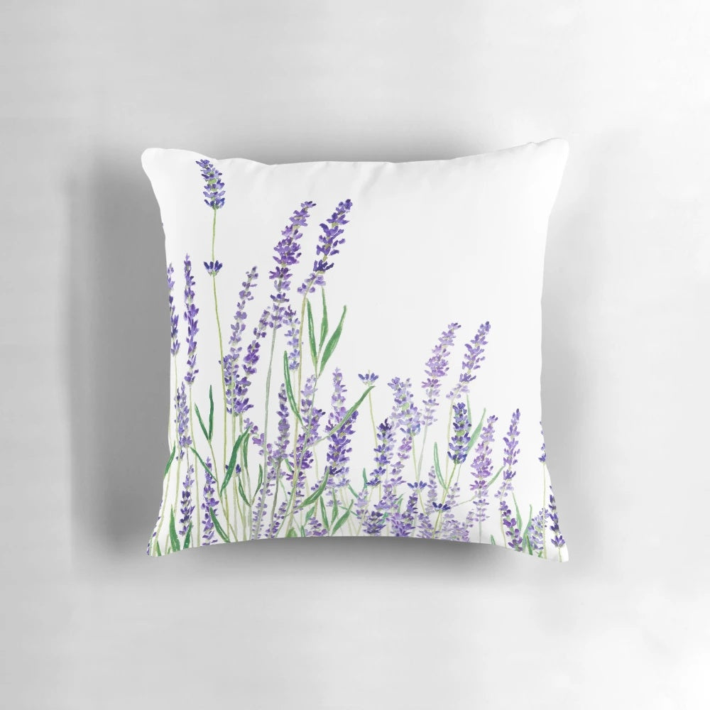 A beautiful watercolor painting of purple lavender flowers, featured on a soft, high-quality throw pillow.