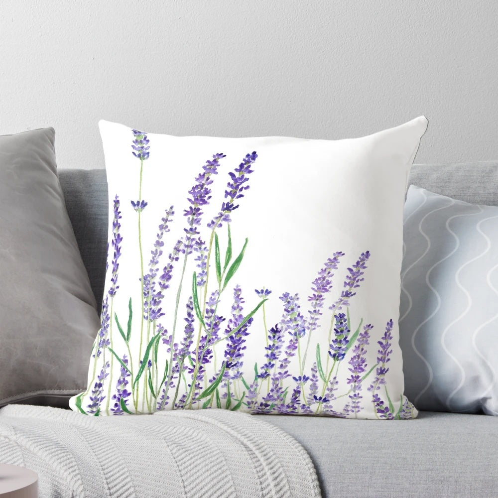 A beautiful watercolor painting of purple lavender flowers, featured on a soft, high-quality throw pillow.