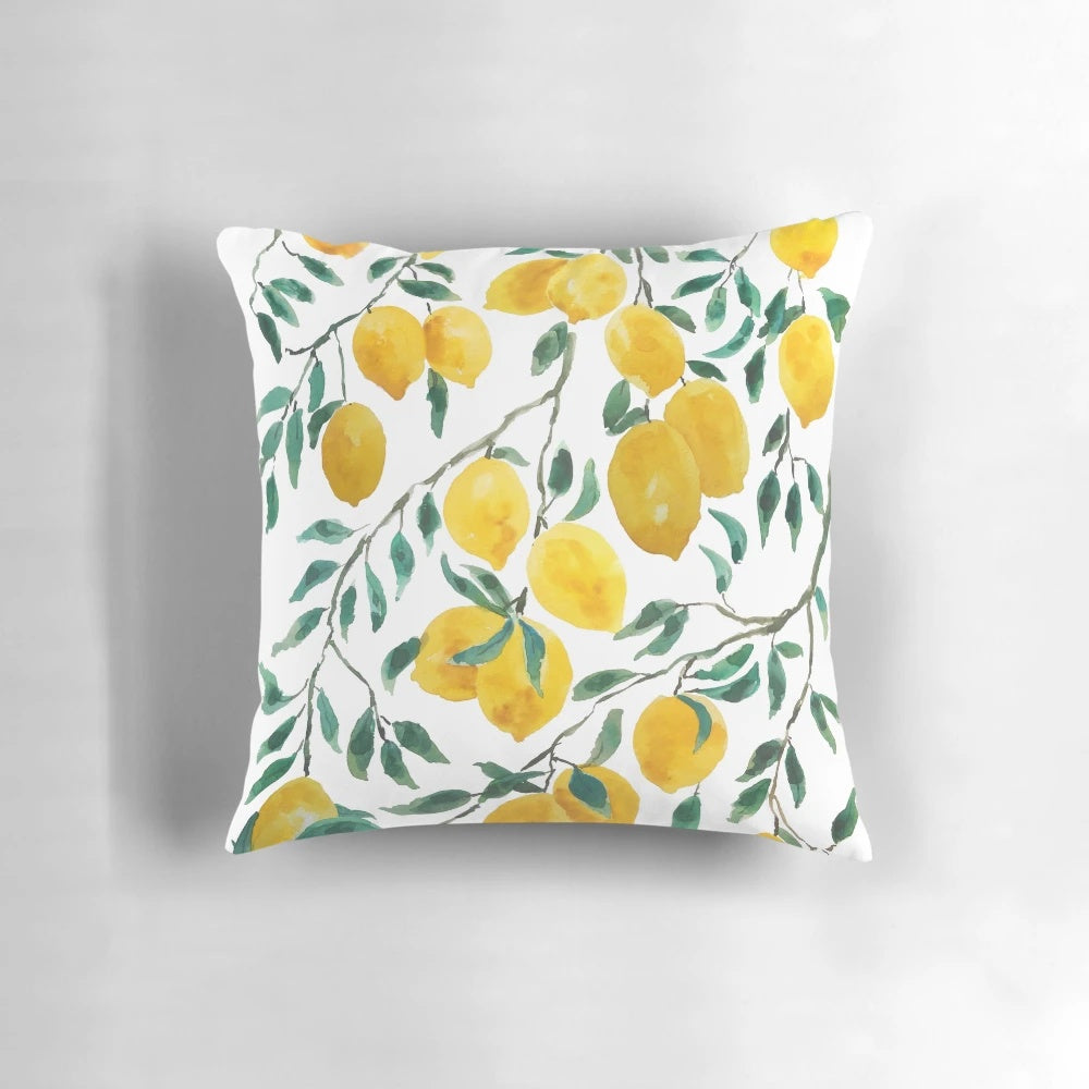 Handpainted watercolor lemon pattern on a soft, decorative pillow