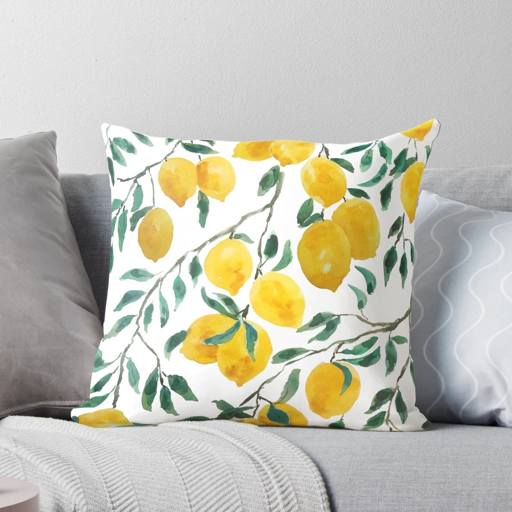 Handpainted watercolor lemon pattern on a soft, decorative pillow