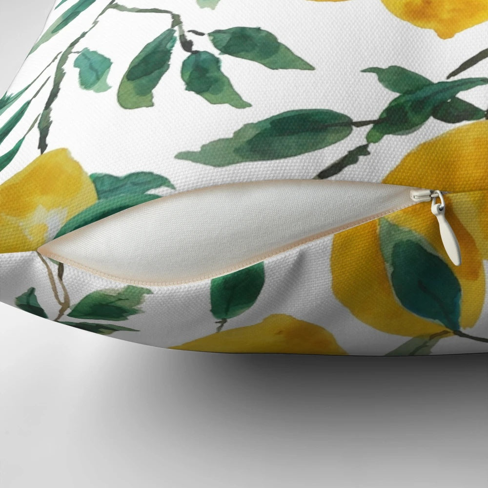 Handpainted watercolor lemon pattern on a soft, decorative pillow