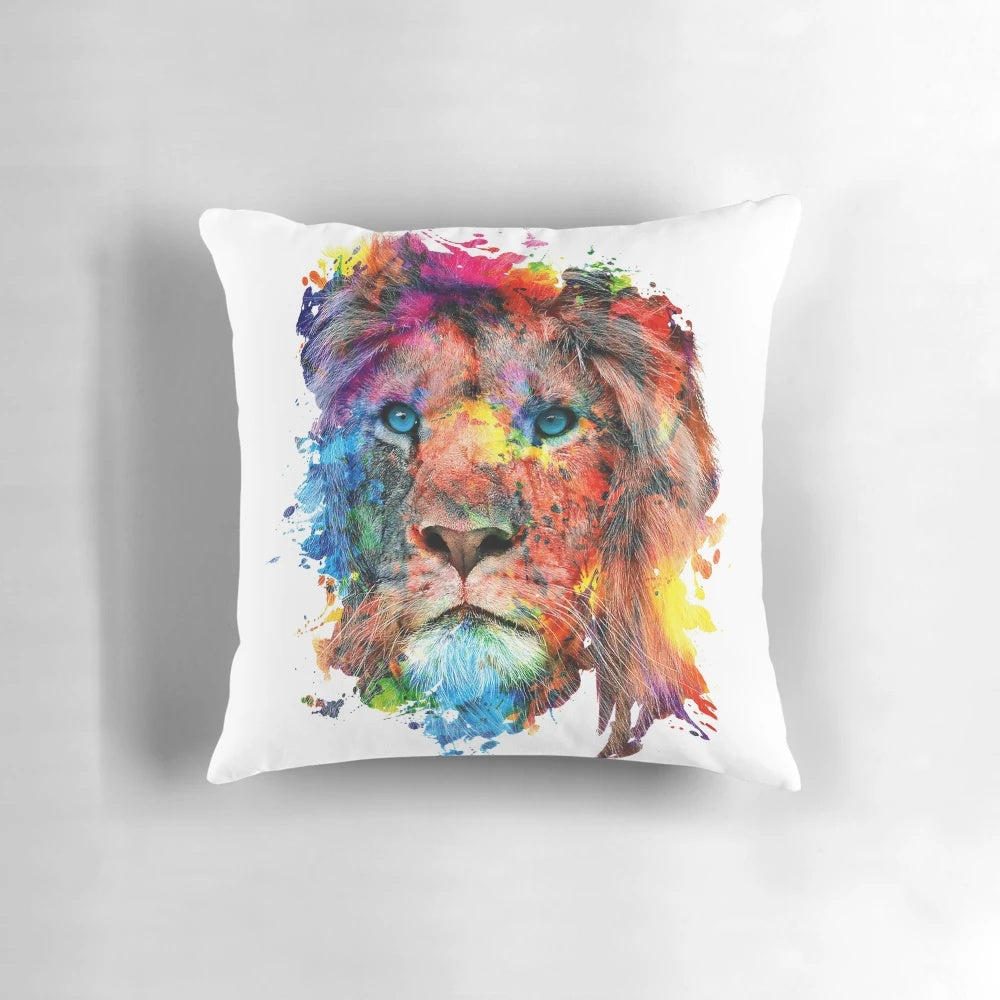 Colorful watercolor painting of a majestic lion on a plush throw pillow