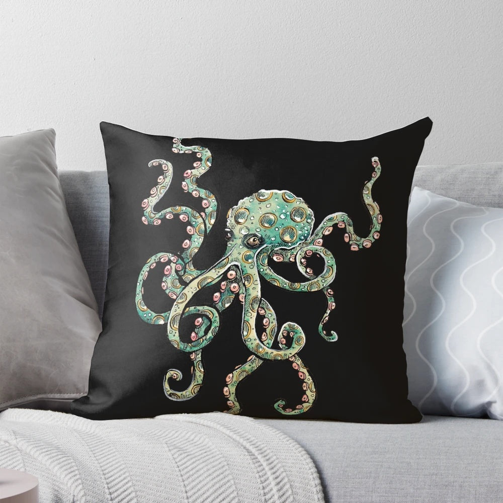 Vibrant watercolor painting of a green octopus on a decorative throw pillow