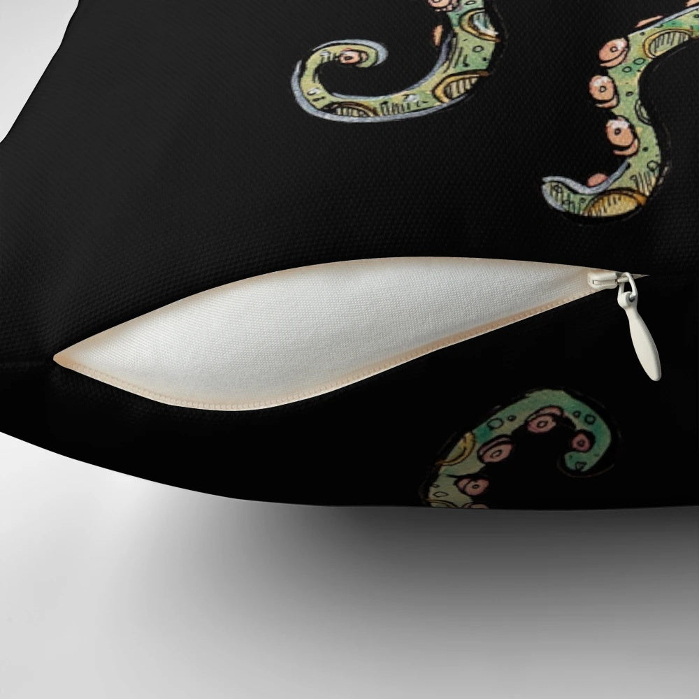 Vibrant watercolor painting of a green octopus on a decorative throw pillow
