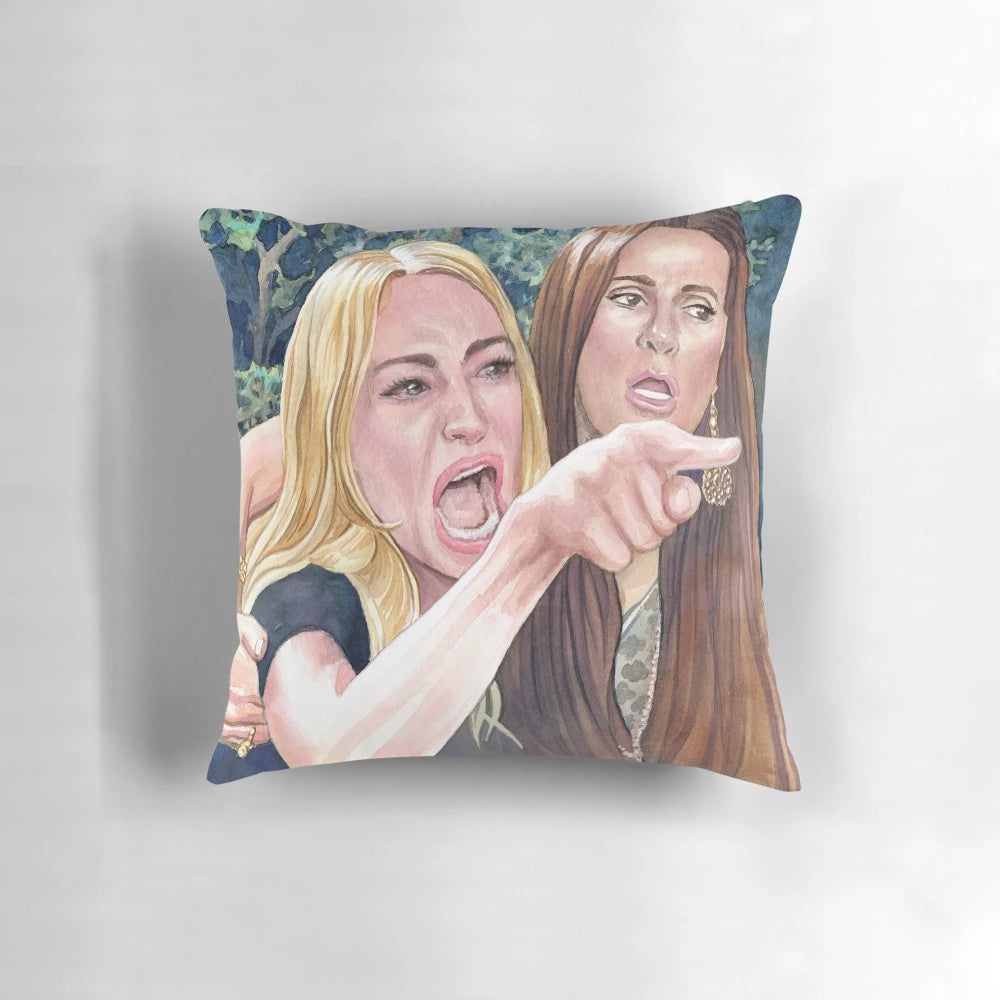 Colorful watercolor painting depicting an angry woman yelling at a surprised cat