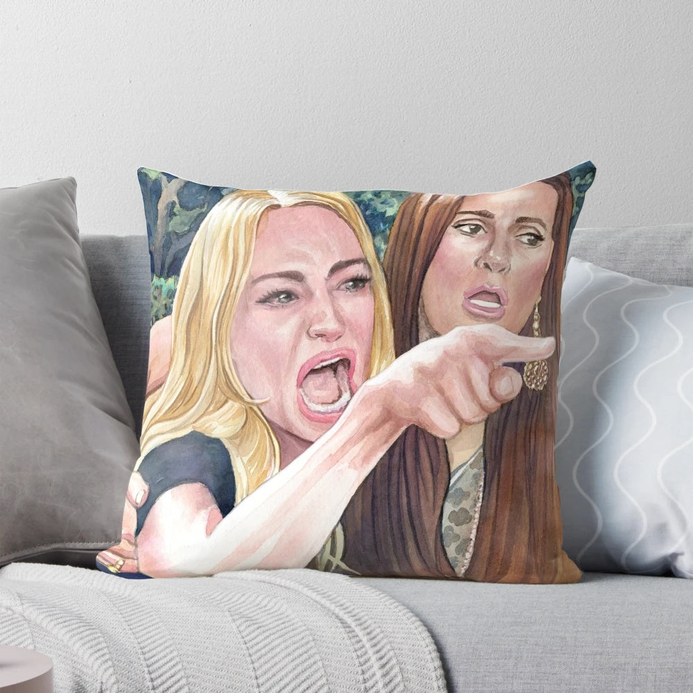 Colorful watercolor painting depicting an angry woman yelling at a surprised cat