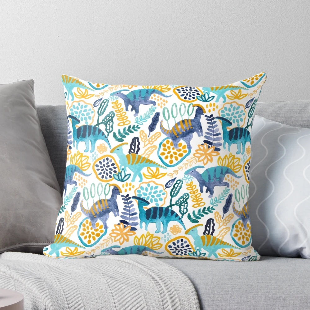 A vibrant watercolor and gouache painting of a parasaurolophus dinosaur on a plush pillow.