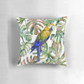 Vibrant watercolor painting of a parrot perched in a lush jungle landscape on a decorative throw pillow