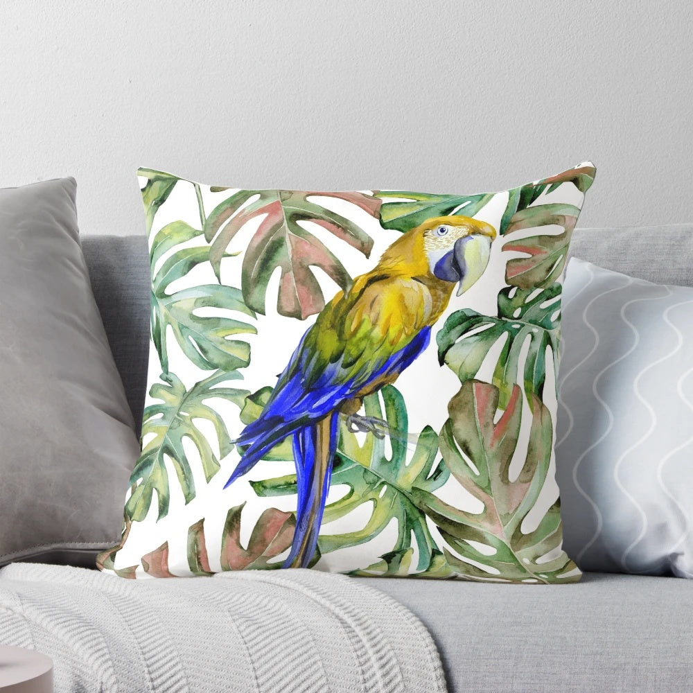 Vibrant watercolor painting of a parrot perched in a lush jungle landscape on a decorative throw pillow