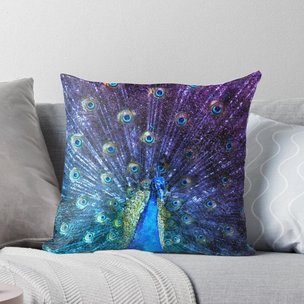 Colorful watercolor painting of a majestic peacock in shades of purple on a decorative throw pillow