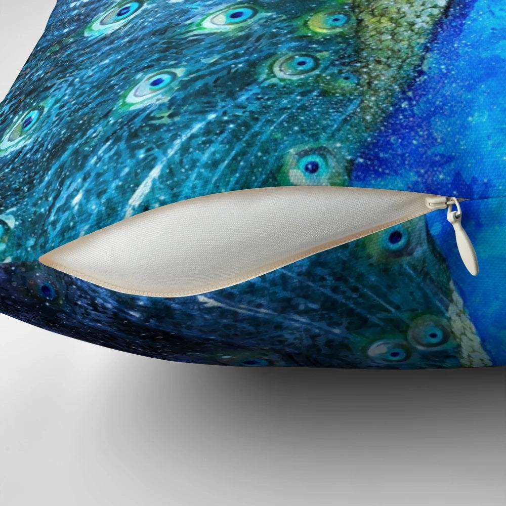 Colorful watercolor painting of a majestic peacock in shades of purple on a decorative throw pillow