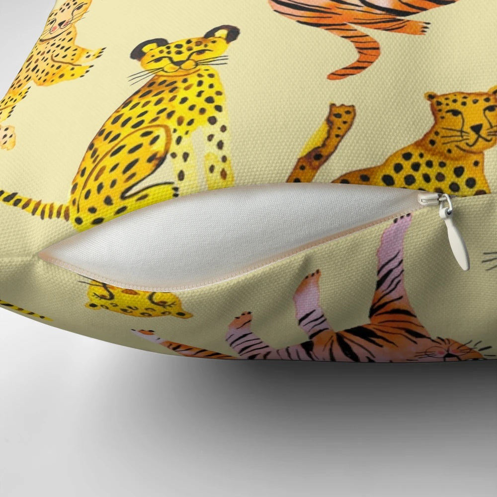 Decorative throw pillow featuring a vibrant watercolor painting of tigers and leopards in the African savannah