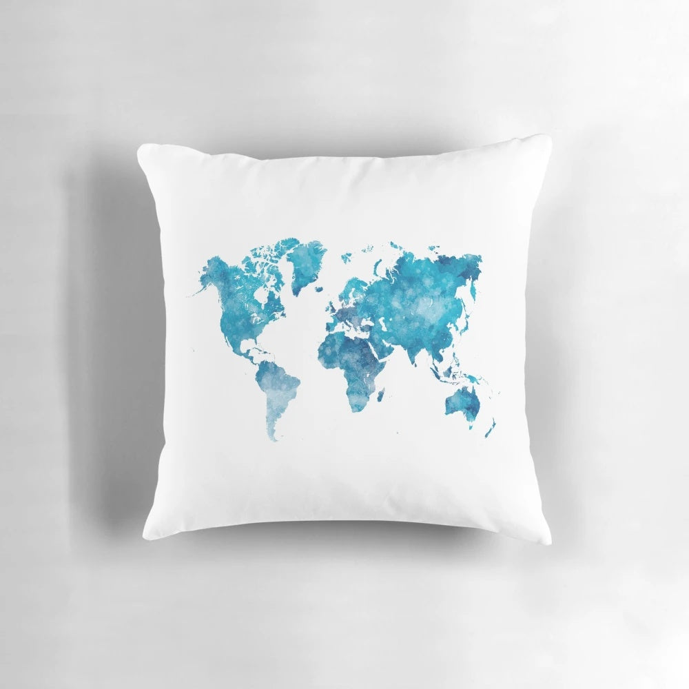 Vibrant watercolor world map design printed on a plush throw pillow