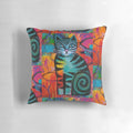 Pillow featuring a vibrant, whimsical painting of a colorful feline by artist Karin Zeller.
