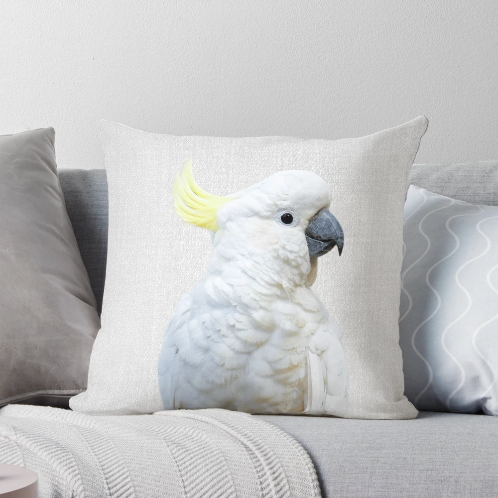 Colorful and eye-catching white cockatoo print on a decorative throw pillow