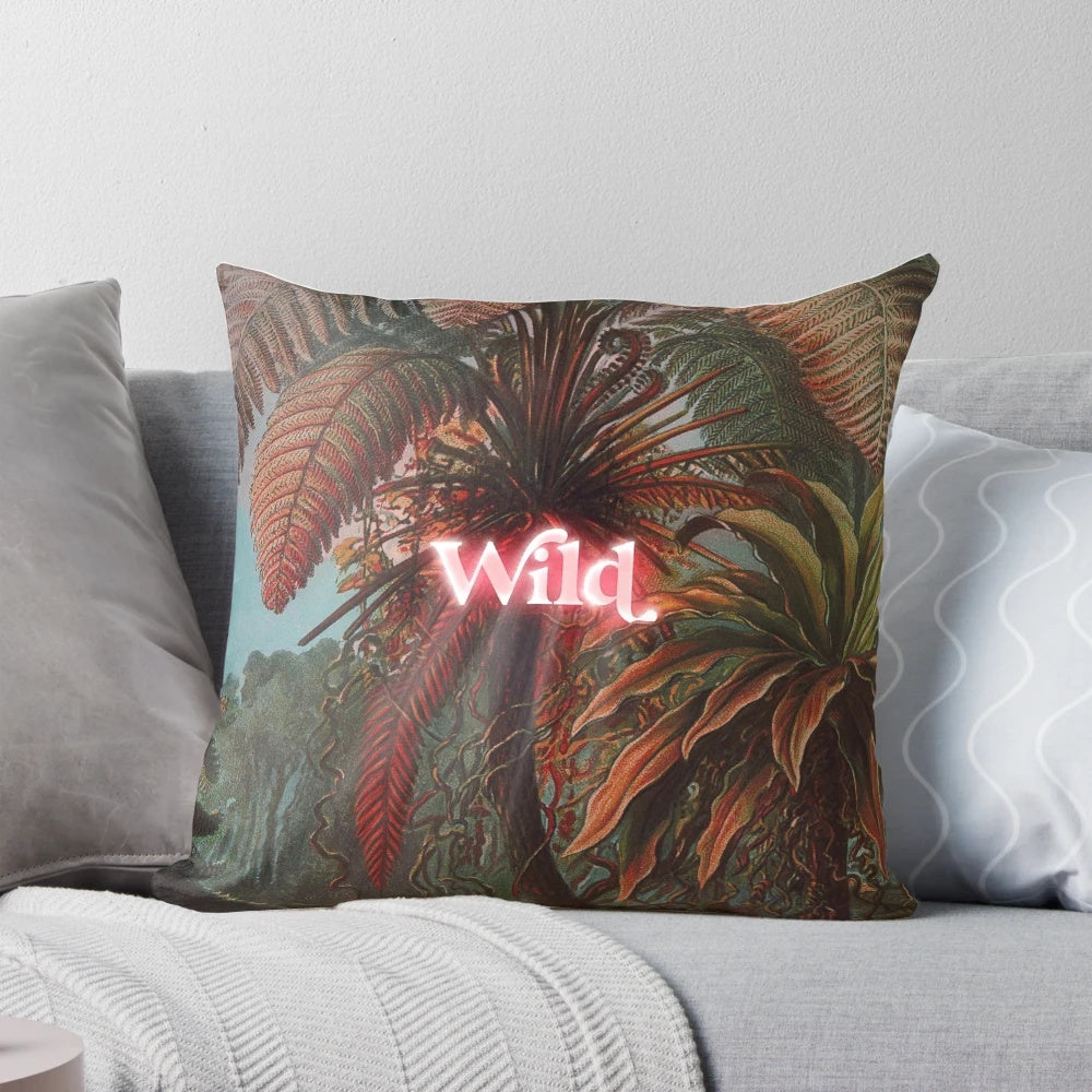 Colorful wild pillow with tropical fern and plant pattern, modern art design