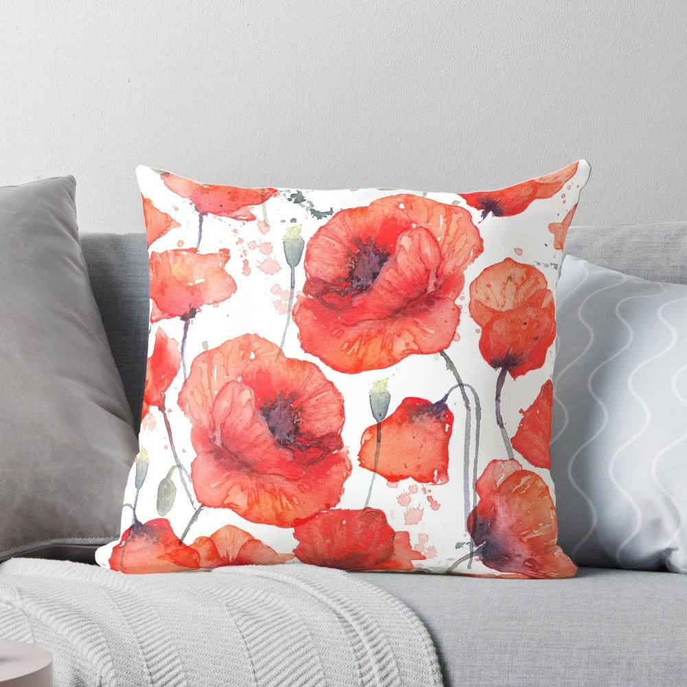 Closeup of vibrant wild red poppies in a field, featured on a decorative throw pillow